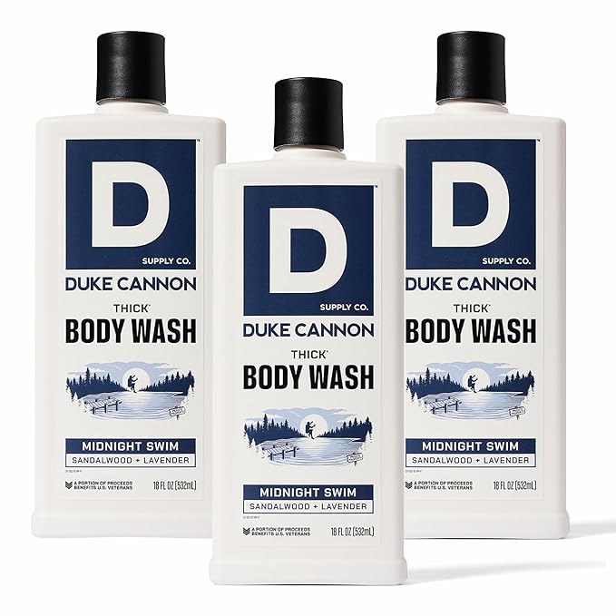 Duke Cannon Midnight Swim Body Wash - Thick High Viscosity Men's Body Wash Exfoliating and Moisturizing Formula Sea Grass and Sandalwood Scents 17.5 oz (3 Pack)
