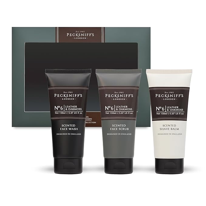 Pecksniff’s Men’s Trio Face Collection – Leather &amp Oakmoss – Face Wash Scrub &amp Shave Balm Gift Set 3 x 75ml