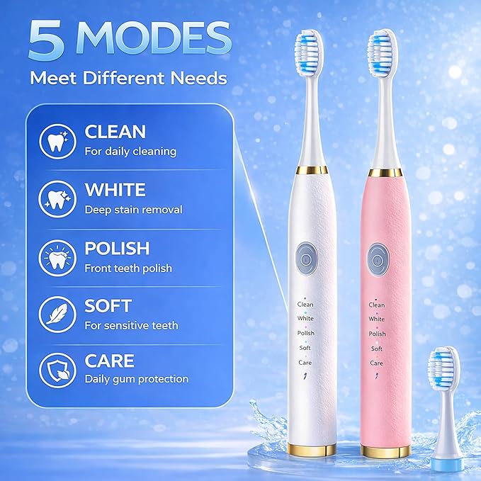 2 Pack Electric Toothbrush for Adults Travel Electric Toothbrush Includes 10 Replacement Brush Heads 5 Modes 2 Hours Charge for 45 Days (White &amp Pink)