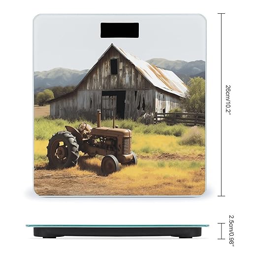 Old Wooden Barn with Rusted Tractor Weight ScaleClear LED Display Bathroom Digital Weighing ScaleTempered Glass Digital Bathroom Scale for Body Weight Capacity Up to 400 Lbs