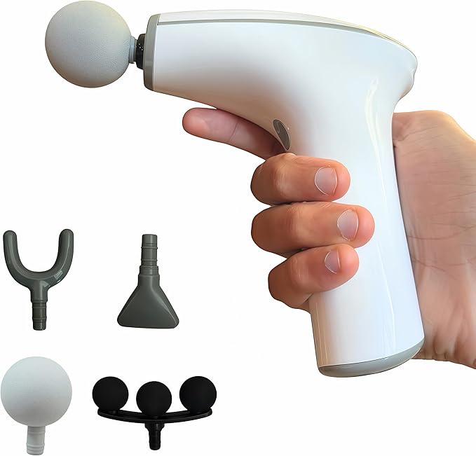 Deep Tissue Massage Gun Portable Percussion Muscle Massager with Four Interchangeable Heads Useful for Athletes Gym Office (White)