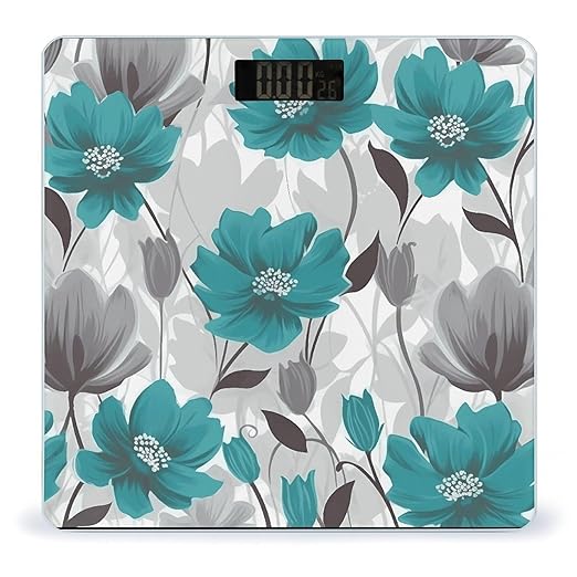 Teal Grey and White Floral1 Weight Scale Large Bathroom Scales Digital Weight with Bright LED Display Non Slip Automatic Weighing Scale Fashion Weighing Machine for Body
