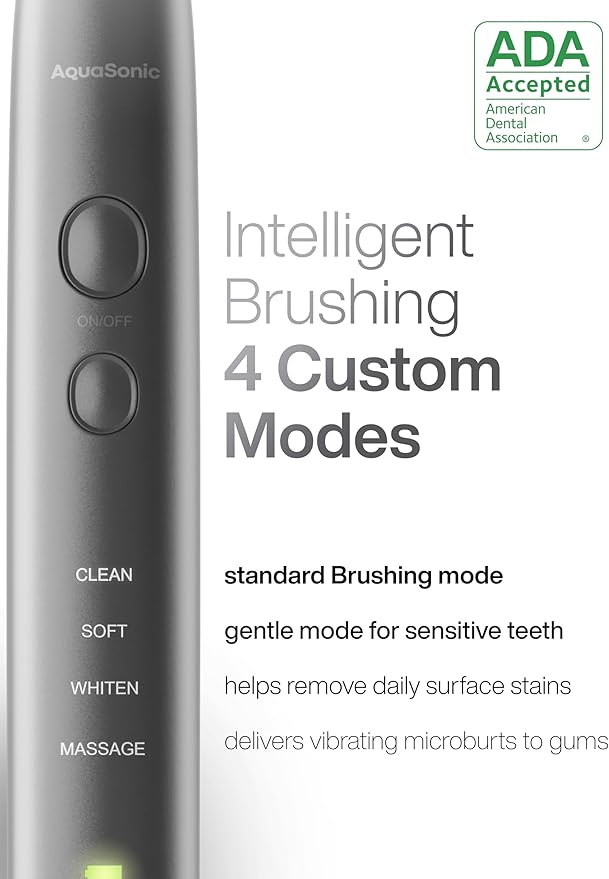 Aquasonic Vibe Series Ultra-Whitening Toothbrush – ADA Accepted Electric Toothbrush - 8 Brush Heads &amp Travel Case – 40000 VPM Motor &amp Wireless Charging - 4 Modes w Smart Timer – Charcoal Meta