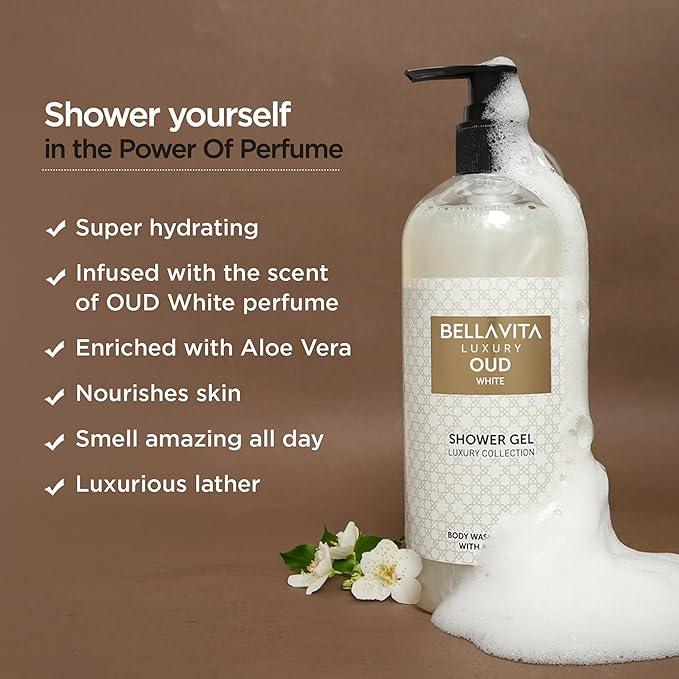 BellaVita Luxury White Oud Perfume &amp Body Wash Combo | Unisex Eau De Parfum with Orange Freesia &amp Woody Notes (100ml) + Exotic Oud Shower Gel with Aloe Vera (500ml) | Long-Lasting &amp Deep