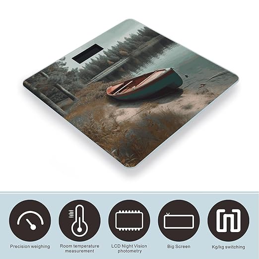 Boat Moored on Shore Weight Scale Digital Electronic Scales Bathroom Scale Larg LCD Backlight Display High Precision MeasurementsTempered Glass
