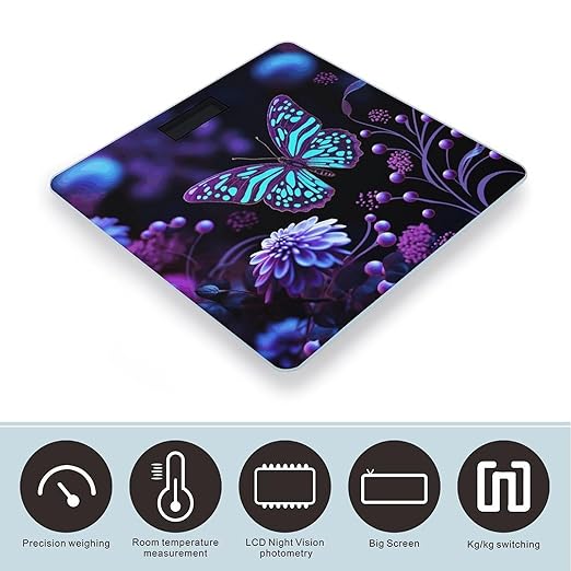 Purple Butterfly and Flowers Scale for Body Weight Sturdy Tempered Glass Weighing Scales with LCD Display Accurate Digital Bathroom Scale Convenient Body Fat Smart Scales Easy Read