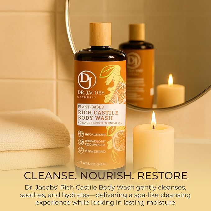 Dr. Jacobs Naturals Pure Castile Soap Liquid Body Wash Orange &amp Ginger - Plant Based Soap Infused with Vitamin E &amp Aloe Vera to Moisturize Dry and Sensitive Skin - Made in The USA - 32 oz Pa
