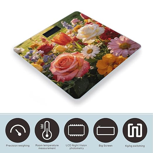 Colorful Flowers Weight ScaleClear LED Display Bathroom Digital Weighing ScaleTempered Glass Digital Bathroom Scale for Body Weight Capacity Up to 400 Lbs