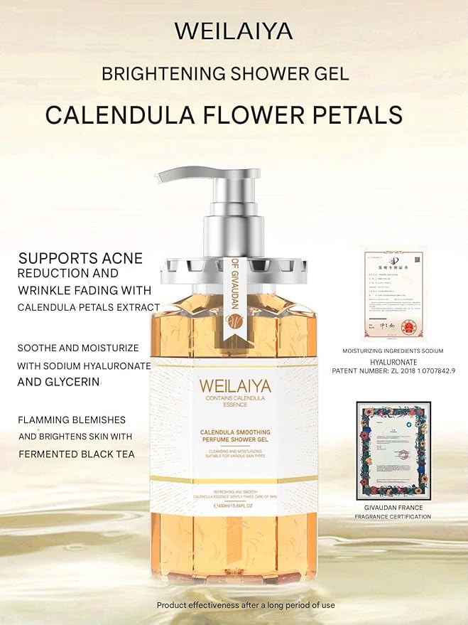 3X Weilaiya Calendula Shower Gel 450mL each+Free Weilaiya Pecan Niacinamine Bright Smooth Body Scrub 200mL