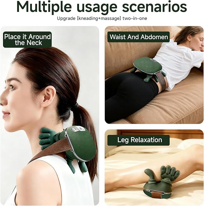Cordless Neck Massager with Heat 4D Bionic Shiatsu Neck and Shoulder Massager with Real Hand Kneading Deep Tissue Back Massager for Home Office Travel Gifts for Women Men(Green)