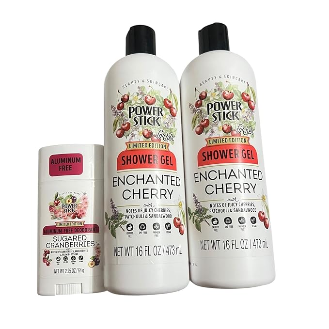 Power Stick Enchanted Cherry Shower Gel and Sugared Cranberries Deodorant Bundle Limited Edition 16 fl oz 3 Piece Set