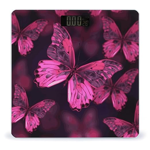 Pink Butterfly Scale for Body Weight Anti-Slip Digital Bathroom Scale Sturdy Toughened Glass Weighing Scales High Precision Safe Rounded Corners Smart Scales