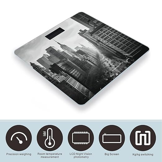 Black and White New York Scale for Body Weight Anti-Slip Tempered Glass Digital Bathroom Scales Clear LCD Display Weighing Scale Safe Rounded Corners Smart Scales