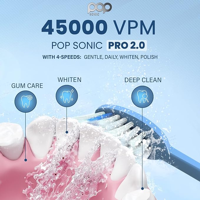 Pop Sonic Pro 2.0 Electric Toothbrush (Blue) Rechargeable Sonic Toothbrush with 45000 Vibrations Per Minute &amp 4 Cleaning Modes for Adults &amp Kids with Long Lasting Dupont Nylon Bristles