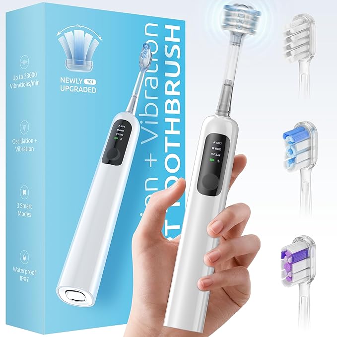SYNHOPE 60° Oscillating Sonic Electric Toothbrush Rechargeable Battery &amp Fast Charge [Oscillation 60° Swing Amplitude] 3 Brush Heads IPX7 &amp Teeth Whitening Ultrasonic Cleaning Tooth Brush.