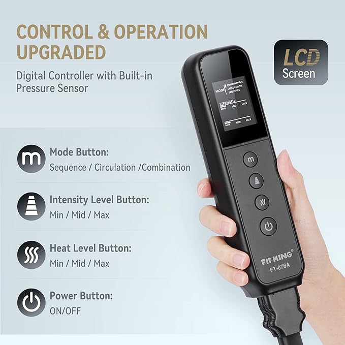 FIT KING Air Compression Leg Massager with Heat and Compression for Circulation and Pain Relief Full Leg &amp Foot Massager for Swelling Edema RLS with Pressure Sensor LCD Display for Dad Mom Wife