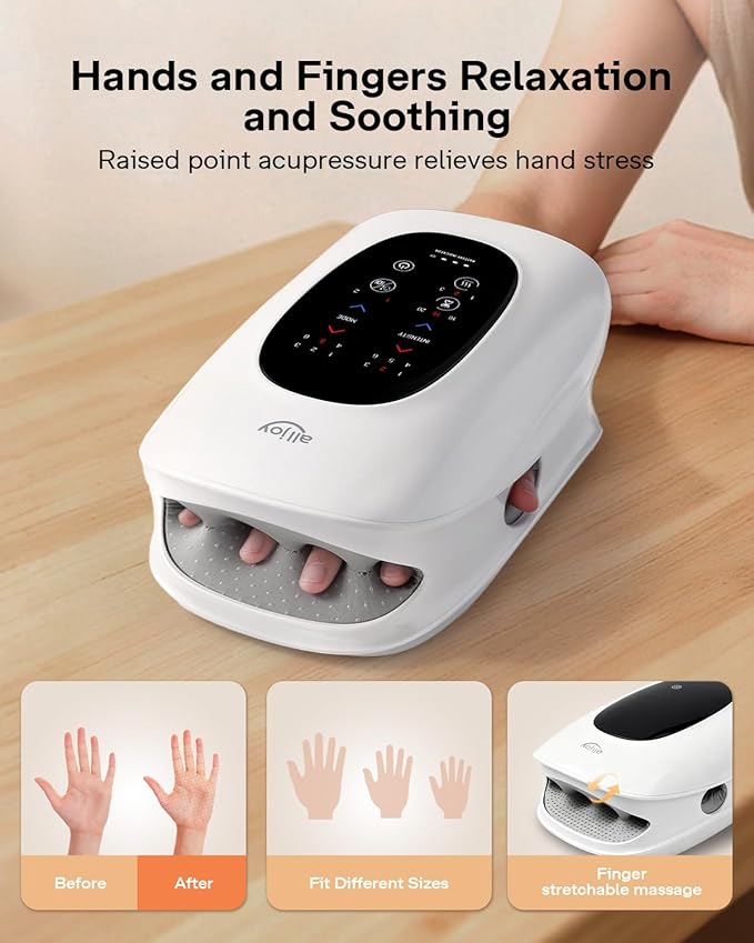 ALLJOY Hand Massager with Heat and Compression Knuckle Stretching and Hand Massage 6 Modes 6 Intensities 3 Heat for Arthritis and Carpal Tunnel Relief Valentines Day Gifts for Women Men(White)