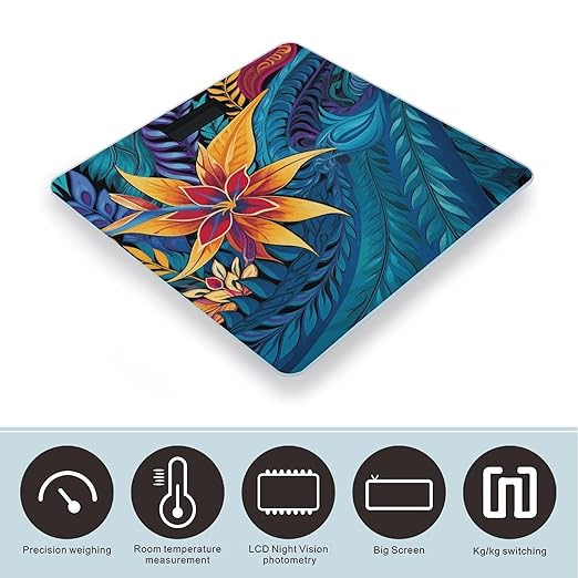 Tropical Leaves Pattern for Tribal Design Digital Bathroom Scale for Body Weight Weighing Scale with Backlit LCD Display High Precision Measurements &amp Measures Weight Up to 180kg