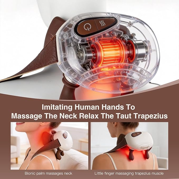 Neck Massager with Heat Lymphatic Drainage Shoulder Hand Massager for Pain Relief Deep Tissue Bionic Relaxation Shiatsu Neck and Back Massager with Fingers Portable Masajeador De Espalda Y Cuello