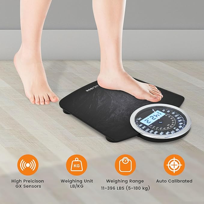 EILISON Highly Advance 2-in-1 Digital &amp Analog Weighing Scale for Body Weight-400lbs 4 High Precison GX Sensor Accurate Thick Tempered Glass Extra Large Display (Grey)