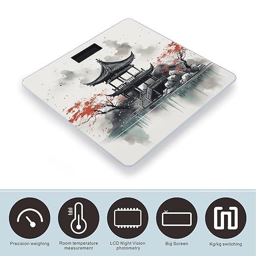 Chinese Ink Painting Digital Bathroom Scale for Body Weight Weighing Scale with Backlit LCD Display High Precision Measurements &amp Measures Weight Up to 180kg