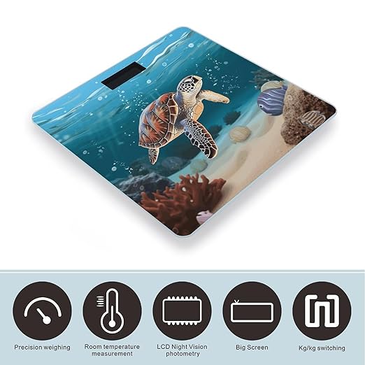 Sea Turtle Swimming Bathroom Scale Automatic Power On/Off Body Scales LCD Backlight Display Square Digital Scale Rounded Corners Bathroom Scales for Home Bedrooms