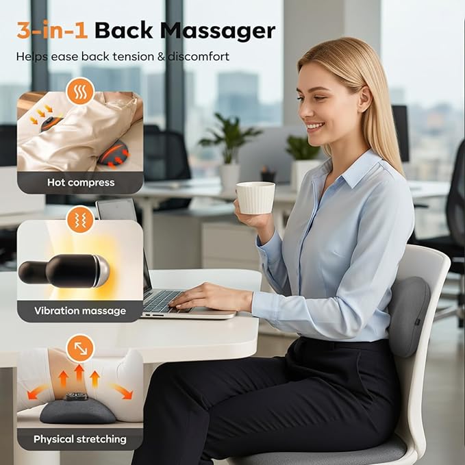 3-Mode Back Massager with Heat Vibration &amp Traction Lumbar Pillow - Relieve Lower Back &amp Sciatica Pain for Home Office &amp Car