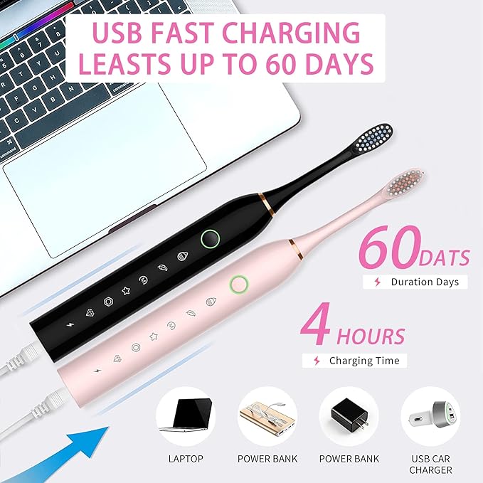 Electric Toothbrush for Adults Rechargeable Electric Toothbrush with 8 Brush Heads 42000vpm 6 Modes IPX7 Waterproof 2 Pack Soft Electric Toothbrush Black Pink