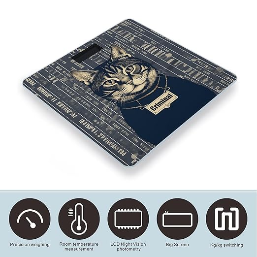Criminal Cat Pictures Scale for Body Weight Sturdy Tempered Glass Weighing Scales with LCD Display Accurate Digital Bathroom Scale Convenient Body Fat Smart Scales 400lb