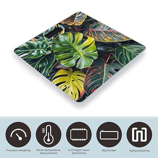 Colorful Tropical Leaves Pattern Scale for Body Weight Smart Scales Digital Bathroom Scale High Precision Weighing Scales with Large Display Weighing Machine for People