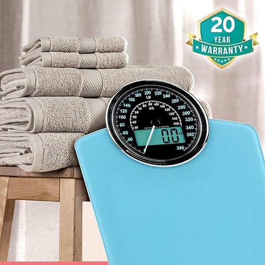 Adamson Hybrid 2-in-1 Analog &amp Digital Weighing Scale for Body Weight up to 400lbs - Thick Tempered Glass - Extra Large Display - Easy to Read Digital Bathroom Scale - New - Light Blue