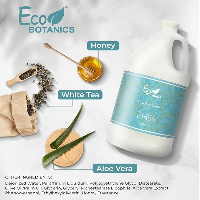 Terra Pure 1-Shoppe Eco Botanics Natural Lotion with Raw Honey &amp White Tea | Gallon Jug Bulk Toiletries for Airbnb Vacation Rentals and Home Bathroom | Refill For Soap Dispensers