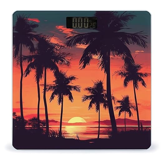 Palm Tree Summer Sunset Bathroom Scale Large LCD Backlight Display Digital Scale Rounded Corners Body Scales Automatic Power On/Off Bathroom Scales for Home Bedrooms