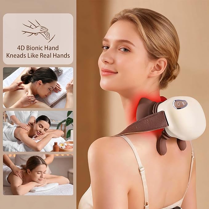 Neck and Shoulder Massager with HandsWireless Portable Deep Tissue Massage for Neck 4D Bionic Real Touch Shiatsu Hand Massager Rechargeable Cervical Electric Massager for Home Office