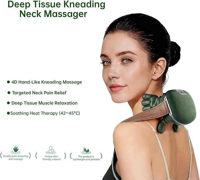 Neck Massager with Heat 4D Deep Tissue Shiatsu Neck Massage Machine for Pain Relief Electric Cervical Shoulder &amp Back Massager with Simulated Human Hand Kneading Muscle Relaxation (Green)
