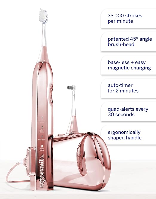 Supersmile Zina45™ Deluxe Sonic Pulse Toothbrush – Rechargeable Electric Brush with Angled Head &amp Travel Case – for Whiter Teeth and Healthier Gums