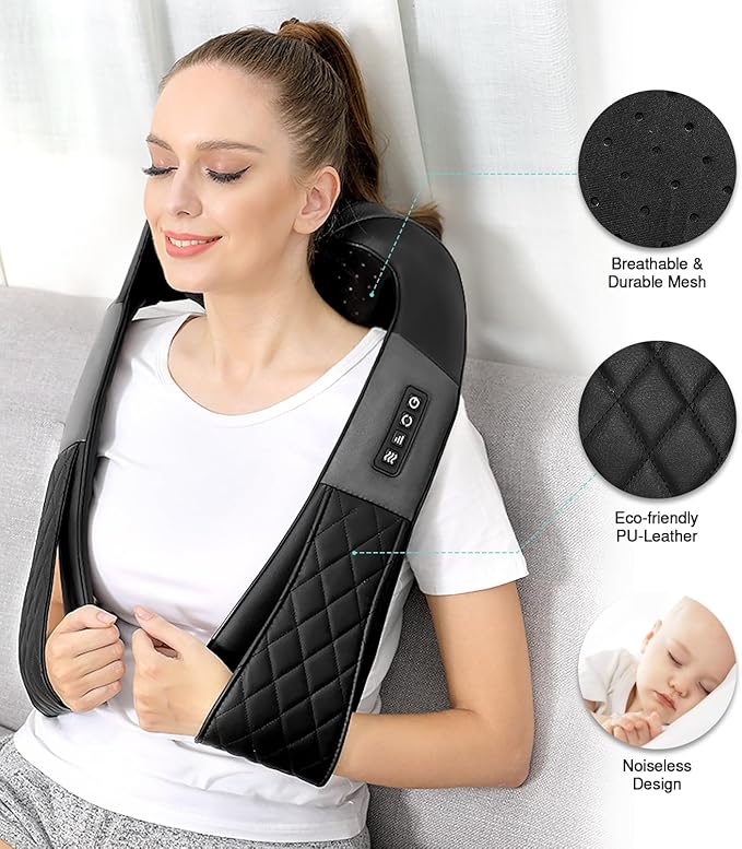 Shiatsu Neck and Back Massager with Heat Electric Deep Tissue 4D Kneading Massage Pillow for Shoulder Leg Body Muscle Pain Relief - Best Gifts for Women Men Mom Dad (Black Grey)
