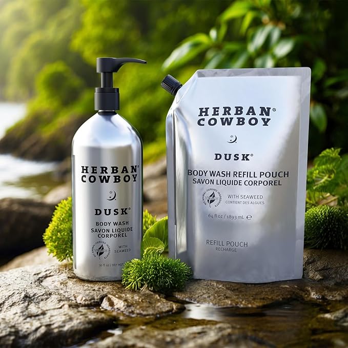 Herban Cowboy Dusk Body Wash 30 oz Aluminum Bottle and 64 oz Refillable Pounch