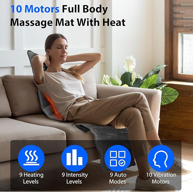Full Body Massage Mat with Heating Vibration Back Massage Chair Pad with Shiatsu Neck Massage Pillow for Pain Relief 10 Vibration Motors &amp Wired Remote Gifts for Men Women