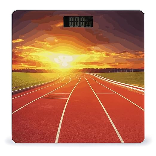 Running Track Sunset Scale for Body Weight Anti-Slip Sturdy Tempered Glass Weighing Machine Highly Digital Accurate Bright LCD Bathroom Scale for Household Gift
