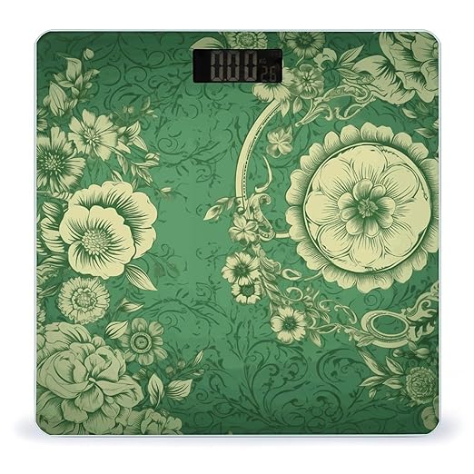 Green Vintage Floral Scale for Body Weight Anti-Slip Sturdy Tempered Glass Weighing Machine Highly Digital Accurate Bright LCD Bathroom Scale for Household Gift