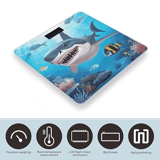 Shark Ocean Theme Weight Scale Digital Electronic Scales Bathroom Scale Larg LCD Backlight Display High Precision MeasurementsTempered Glass