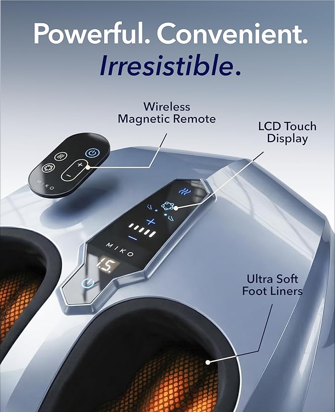 MIKO Foot Massager Machine - Deep Kneading Shiatsu Air Compression and Heat Therapy - Plantar Fasciitis Diabetics Neuropathy Fits Up to Men Size 12