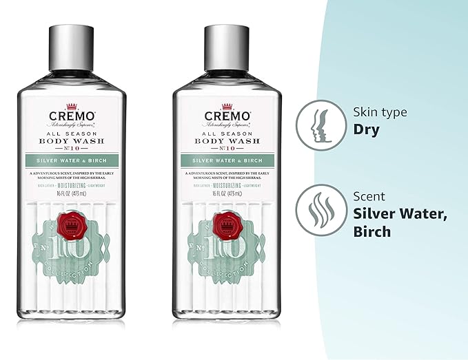 Cremo Rich-Lathering Silver Water &amp Birch Body Wash A Revitalizing Combination of Glacier-Fed Streams and White Birch 16 Fl Oz (2-Pack)