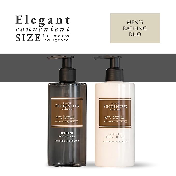 Pecksniffs Mens Bathing Duo Collection – Bamboo &amp Vetiver Scented Body Wash and Body Lotion Gift Set 2 x 250ml