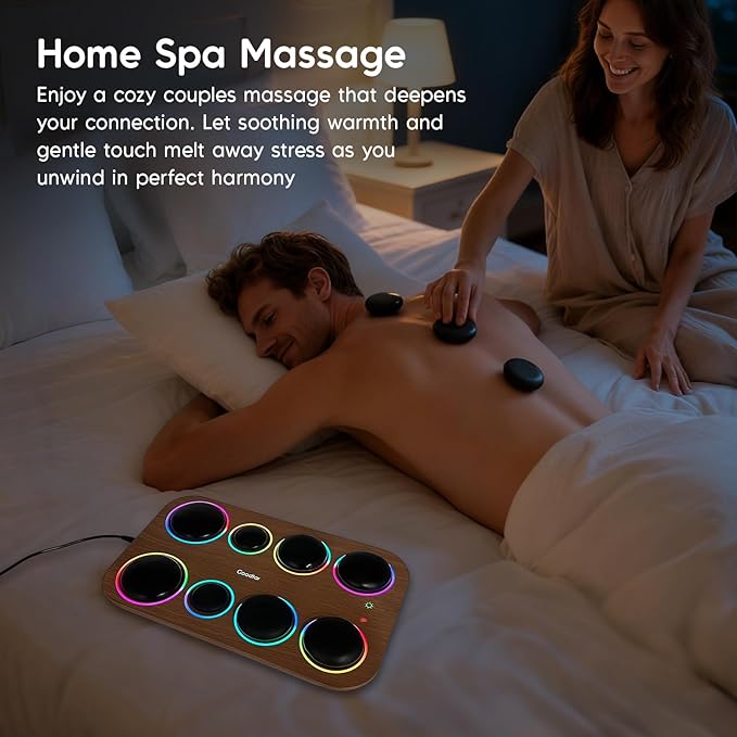 8PCS Hot Stone Massage Set with Warmer –Basalt Stones Massager for Deep Tissue Pain Relief &amp Muscle Relaxation Home Spa Kit with Soothing Ambient Light – Valentine's Day &amp Birthday Gift