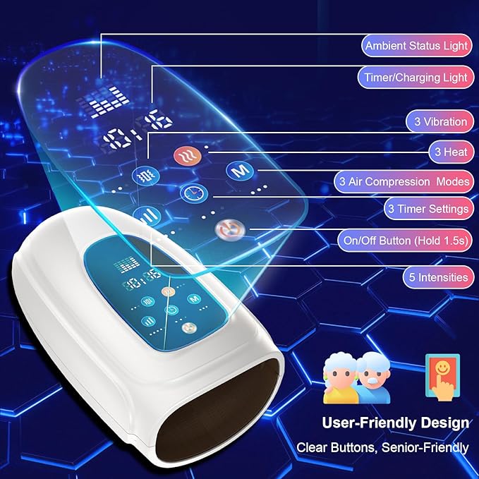Hand and Wrist Massager with Heat Air Compression and Gentle Vibration 3 Modes 5 Intensities LCD Display Cordless Hand Relaxation Massager for Daily Relaxation (White)