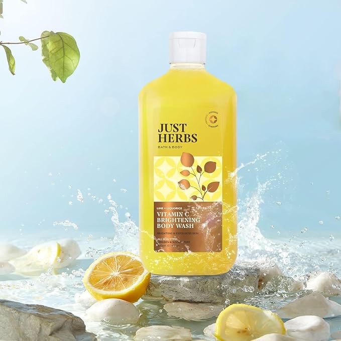 Just Herbs Vitamin C Brightening Body Wash with Lime and Liquorice for Men &amp Women | Hydrates Skin Reduces Hyperpigmentation &amp Maintains pH Level | Suits All Skin Types- 300 ml