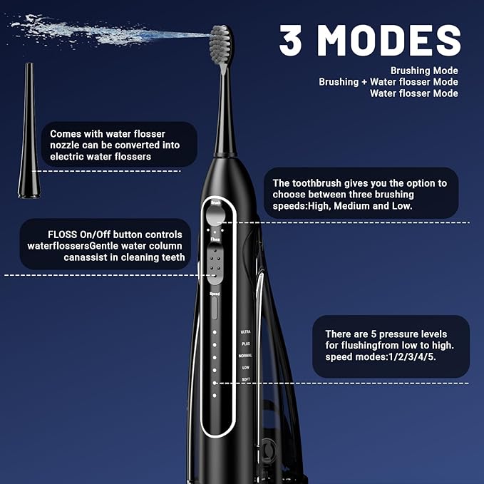 Electric Toothbrush with Water FlosserPortable Flossing Toothbrush White 8 ModeIPX8 WaterproofEquipped Brush Head and Nozzlefor Travel and Home-Black