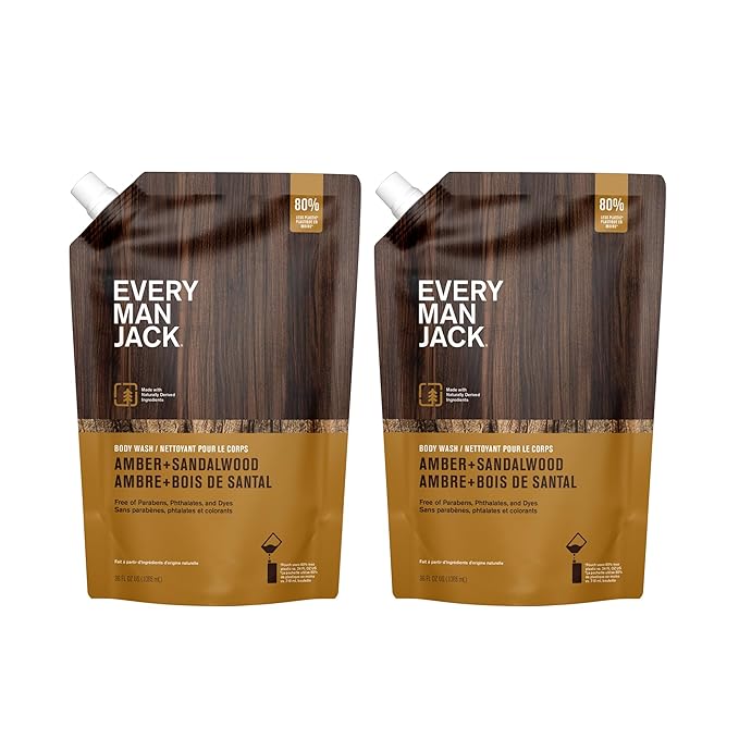 Every Man Jack Amber + Sandalwood Mens Body Wash Refill Starter Pouch - Cleanse Nourish and Hydrate Skin - Naturally Derived Ingredients - Paraben Free Phthalate Free Dye Free - (2-36oz pouches)